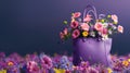 Purple leather bag with colorful spring flowers on purple background with copy space AI generated Royalty Free Stock Photo