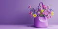 Purple leather bag full of colorful spring flowers on purple background with copy space Royalty Free Stock Photo