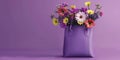 Purple leather bag full of colorful spring flowers on purple background with copy space Royalty Free Stock Photo