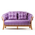 A purple leather couch with wooden legs, AI