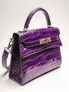 Purple leather handbag on white background.