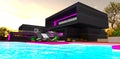 Purple LED illumination of the facade elements of the private contemporary estate with own large pool at night. 3