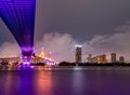 Purple led light under the bridge over the river On a cloudy day in the sky. Bhumibol Bridge, Samut Prakan, Thailand Royalty Free Stock Photo