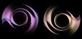 Purple and light yellow wavy, spiral elements form round frames on a black background. Set. Icon, logo, symbol, sign. 3d rendering Royalty Free Stock Photo