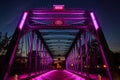 Purple Lighting on Iron Truss Bridge at Twilight, Symmetrical View