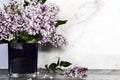 Purple lilac flower bouquet in glass vase against marble background. Mothers Day or Valentines Concept Royalty Free Stock Photo