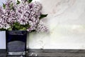 Purple lilac flower bouquet in glass vase against marble background.  Mothers Day or Valentines Concept Royalty Free Stock Photo