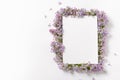 Purple lilac flower frame and empty sheet of paper template on white background with copy space for text. Top view minimal Royalty Free Stock Photo