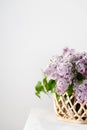 Purple lilac in vase on white background. Spring branches of blooming lilac festive bouquet of flowers. Copy space, product place Royalty Free Stock Photo