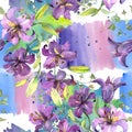 Purple lily bouquet floral botanical flowers. Watercolor background illustration set. Seamless background pattern. Royalty Free Stock Photo