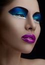Purple lips, blue shadows on the eyes, black eyebrows Women Makeup Beauty