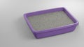 Purple litter box side angle with cat litter.