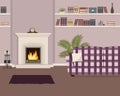 Purple living room with fireplace and checkered sofa