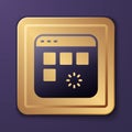 Purple Loading a data window with a progress bar icon isolated on purple background. Gold square button. Vector