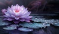 Purple lotus flower with raindrops on its petals floats on dark water, with more flowers and leaves in the shadowy background, Royalty Free Stock Photo