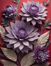 Purple lotus flowers and leaves on red background, top view Royalty Free Stock Photo