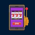 Purple lucky wins jackpot slot machine on mobile phone Royalty Free Stock Photo