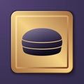 Purple Macaron cookie icon isolated on purple background. Macaroon sweet bakery. Gold square button. Vector