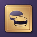 Purple Macaron cookie icon isolated on purple background. Macaroon sweet bakery. Gold square button. Vector