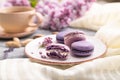 Purple macarons or macaroons cakes with cup of coffee on a gray wooden background. Side view, selective focus Royalty Free Stock Photo