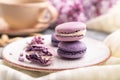 Purple macarons or macaroons cakes with cup of coffee on a gray wooden background. Side view, selective focus Royalty Free Stock Photo