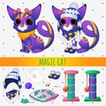 Purple magic cat with toys and winter clothing Royalty Free Stock Photo