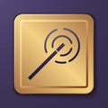 Purple Magic wand icon isolated on purple background. Star shape magic accessory. Magical power. Gold square button Royalty Free Stock Photo
