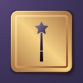 Purple Magic wand icon isolated on purple background. Star shape magic accessory. Magical power. Gold square button Royalty Free Stock Photo