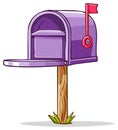 Purple Mailbox with Red Flag and Open Door on Wooden Post Royalty Free Stock Photo