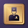 Purple Male doctor icon isolated on purple background. Gold square button. Vector