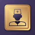 Purple Male doctor icon isolated on purple background. Gold square button. Vector