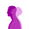 Purple male silhouette in profile with a translucent projection looking up. Mental health concept. Duality and hidden emotions