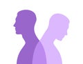 Purple male silhouette in profile with a translucent projection. Mental health concept. Duality and hidden emotions. Vector