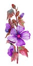 Purple malva flowers on a stem with red leaves and buds. Fresh mallows isolated on white background. Watercolor painting.