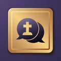 Purple Man graves funeral sorrow icon isolated on purple background. The emotion of grief, sadness, sorrow, death. Gold