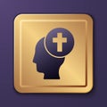 Purple Man graves funeral sorrow icon isolated on purple background. The emotion of grief, sadness, sorrow, death. Gold