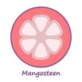 Purple mangosteen exotic fruit. Organic vitamin nutrition label.
