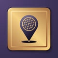 Purple Map pointer with golf sport club icon isolated on purple background. Gold square button. Vector Royalty Free Stock Photo