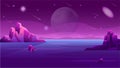 Purple Mars sky. Alien desert landscape for game. Space planet background with starry night. Cosmos horizon