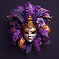 Purple mask with feathers and red flower is on wall