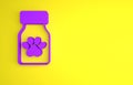 Purple Medicine bottle and pills icon isolated on yellow background. Container with pills. Prescription medicine for Royalty Free Stock Photo