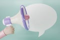 Purple megaphone loudspeaker with chat bubble isolate on green background. Magaphone with copy space for texts or message. 3d