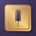 Purple Menstruation and sanitary tampon icon isolated on purple background. Feminine hygiene product. Gold square button