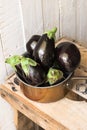Purple mini eggplants in a copper dipper on vintage wood box on white background,summer fall, autumn harvest