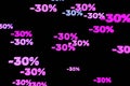 Purple minus thirty percent symbols fall down isolated on black background 3d render. Concept of discounts, sales