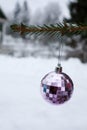 Purple mirror colorful christmas ball on fir tree branch with rural background Royalty Free Stock Photo