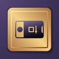 Purple Mobile phone with record frame camera icon isolated on purple background. Mobile app application. Photo and video