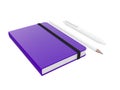 Purple moleskine or notebook with pen and pencil and a black strap front or top view isolated on a white background 3d rendering