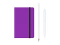 Purple moleskine with pen and pencil and a black strap front or top view isolated on a white background 3d rendering