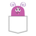 Purple monster silhouette in the pocket looking up. Cute cartoon scary funny baby character. T-shirt design. Eyes, fang tooth, ton